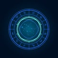 Magic wheel with gemini star sign and twelve signs of the zodiac in a dark background, astrology, esotericism. Astrology zodiac Royalty Free Stock Photo