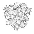 Decorative mandala on white isolated background for coloring book pages. Lollipop, Christmas ball, snowflake, muffin, fir tree