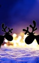 Magic winter christmas background with christmas lights, silhouette deer and snow at night