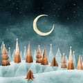 Magic winter forest watercolor illustration Gingerbread Christmas trees winter landscape Fantasy Candy world moonlight scenery Royalty Free Stock Photo