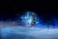 Magic winter night with starry sky and full moon in snowy sea. 4k Animation video