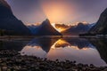 The Magic of a winter sunset at low tide in Milford Sound, New Zealand Royalty Free Stock Photo