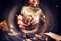 Magic. A witch conjuring a magic energy ball with her hands. The concept of astrology and esotericism
