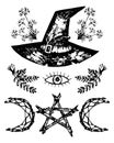 magic witch hat, watching eye, pentagram, herbs