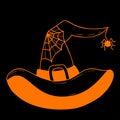 Magic witch hat. Wizardry. Hat with cobweb and spider Halloween holiday. Vector illustration. Hand drawing in doodle