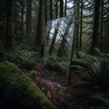 magic witch mirror, a piece of broken mirror hanging in the air in a dark dense forest, fantastic magical landscape,