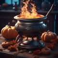 Magic witch's fire pot. Halloween. Pumpkins on background. Royalty Free Stock Photo