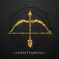 Modern magic witchcraft card with polygonal astrology golden Sagittarius zodiac sign. Polygonal golden Bow and arrow illustration Royalty Free Stock Photo
