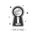 Magic witchcraft keyhole silhouette with burning candle and full moon on outer space background.