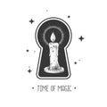 Magic witchcraft keyhole silhouette with burning candle on outer space background.