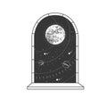 Magic witchcraft open window silhouette with full moon on outer space background. Royalty Free Stock Photo