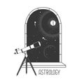 Magic witchcraft open window silhouette with full moon and telescope on outer space background.