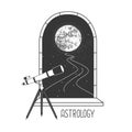 Magic witchcraft open window silhouette with full moon and telescope on outer space background. Royalty Free Stock Photo