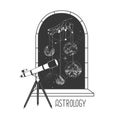 Magic witchcraft open window silhouette with full moon and telescope on outer space background. Royalty Free Stock Photo