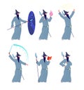 Magic wizard character. Cartoon magicians, mystery male with beard. Medieval magical person, isolated old mysterious man