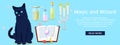 Magic and wizard collection of items to cast a magic spell website design banner vector illustration. Accessories for Royalty Free Stock Photo