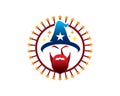 Magic wizard head with beard and star hat in fireworks emblem logo with text and full of stick rotation Royalty Free Stock Photo