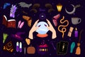 Magic wizard items set. Potion, book with spells, broom flying, cards, multicolored energy crystals, witchs hat, bottles