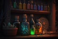 Magic and wizardry concept. Magic alchemical laboratory, witch potions, with different color liquid on wooden shelves