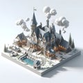 A magic wizards house with 3D render, games design, on white background, Vray renderimg, monomer building, isometric perspective