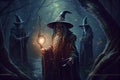 Magic wizards walking in the woods mystical forest at night. Fairy tale Merlin wizard