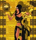 Magic woman with gold snake and mystical sphere of light. Wearing a black hood and outfit