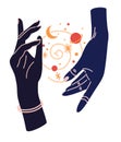 Magic woman hands with moon phases. Alchemy esoteric mystical magic celestial talisman with woman hand. Spiritual occultism object Royalty Free Stock Photo