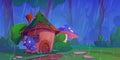 Magic wonderland with fairy wood house under rain. Royalty Free Stock Photo