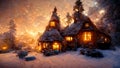 Magic wooden house by the river in the winter forest at the evening. Digital art illustration