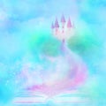 Magic world of tales, fairy castle appearing from the book Royalty Free Stock Photo