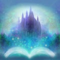 Magic world of tales, fairy castle appearing from the book