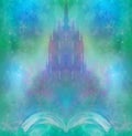 Magic world of tales, fairy castle appearing from the book