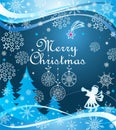 Magic Xmas greeting blue banner with paper cutting little angel, snowflakes, firs and Christmas star