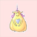The magic yellow shy cute funny fat unicorn with heart . Alikorn. Pegasus. Children s character. Sticker fashion patch