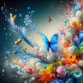 magical abstract background with small colorful splashes of paint with butterfly and flowers, space for text Royalty Free Stock Photo