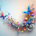 magical abstract background with small colorful splashes of paint with butterfly and flowers, space for text