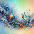 magical abstract background with small colorful splashes of paint with butterfly and flowers, space for text Royalty Free Stock Photo