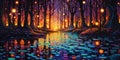 Magical abstract fairytale forest with sparkling fairy lights. Colorful painting of firefly woods. Pathway in an enchanted night. Royalty Free Stock Photo