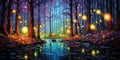 Magical abstract fairytale forest with sparkling fairy lights. Colorful painting of firefly woods. Pathway in an enchanted night. Royalty Free Stock Photo