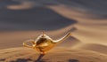 Magical Aladdin lamp with genie. Desert in background. 3D rendered illustration. Royalty Free Stock Photo