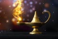 Magical Aladdin lamp, with golden glittery smoke coming out; make a wish Royalty Free Stock Photo