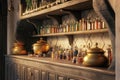 A magical alchemy kitchen with potion bottle spice racks and gold cauldrons Royalty Free Stock Photo