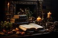 Magical Ancient Books on an Antique Table with Candles extreme closeup. Generative AI