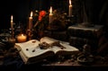 Magical Ancient Books on an Antique Table with Candles extreme closeup. Generative AI