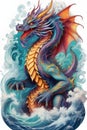 Magical animal of beautiful and charming dragon in the colorful waves and smokes, white background, design, fantasy art