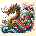 A magical animal of charming dragon with the colorful waves, white background, design, art