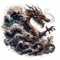 A magical animal of charming dragon with wood element in the spalsh art of waves and smokes, design, art, white background