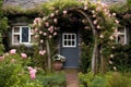 magical arbor with climbing roses framing a garden door