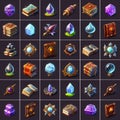 Magical artifact icons set for computer games, digital illustration Royalty Free Stock Photo