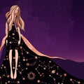 Magical astrologer girl in a dress with a Zodiac pattern on a trendy mystical purple background.